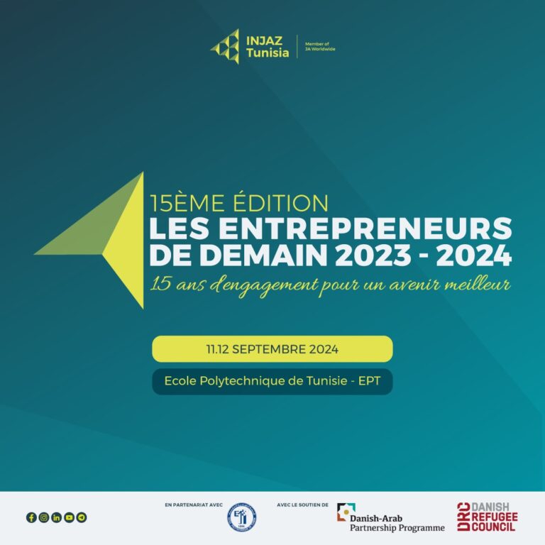 Nous sommes ravis de vous annoncer que la 15ème édition de notre compétition nationale "Les Entrepreneurs de Demain" se tiendra cette année les 11 et 12 septembre à l'École Polytechnique de Tunisie. Cette édition est particulièrement spéciale car elle marquera également le 15ème anniversaire d'INJAZ Tunisie ! Venez célébrer avec nous ces années de succès et de créativité entrepreneuriale. Soyez prêts à vivre deux jours d'innovation, de passion et d'esprit d'entrepreneuriat. Cette compétition sera l'occasion parfaite pour découvrir les talents de demain et les projets qui façonneront notre futur.